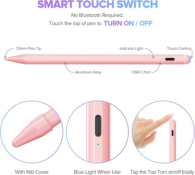 Stylus Pen for iPad 6th-11th Generation-2X Fast Charge Active Pencil Compatible with 2018-2025 Apple iPad Pro 11"/12.9"/M4, iPad Air 3/4/5/M2/M3,iPad mini 5/6 Gen-Pink