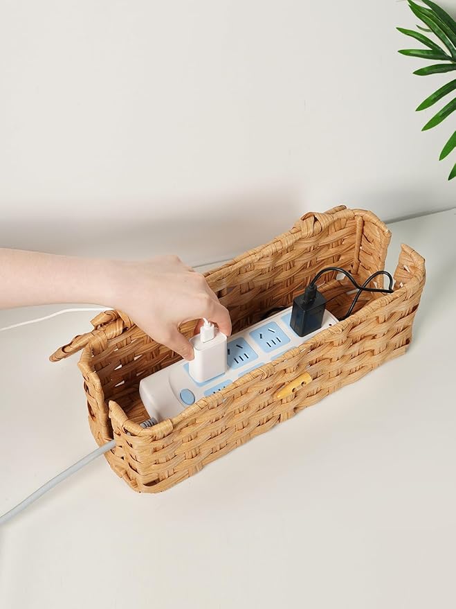 Temary Cable Management Box with Lids, 2-Pack Handmade Cable Organizer Boxes for Home, Office to Hide Cords and Power Strip, Cord Cover Floor Hider Set Woven Rattan Cable Organizer Box