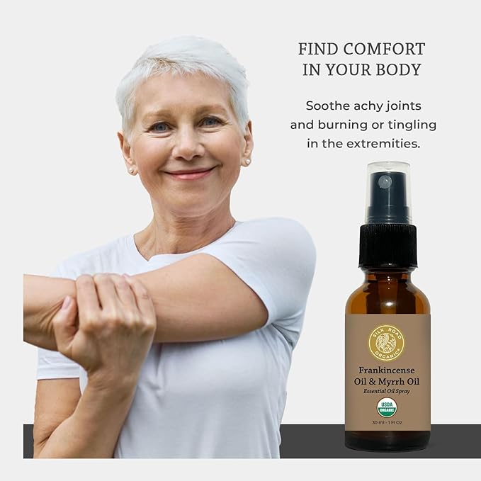 Silk Road Organic Frankincense Oil & Myrrh Essential Oil Spray, 100% Pure USDA Certified Aromatherapy for Body Aches, Stiffness & Tingling, Stress Relief, & Skin - 1 Oz Spray