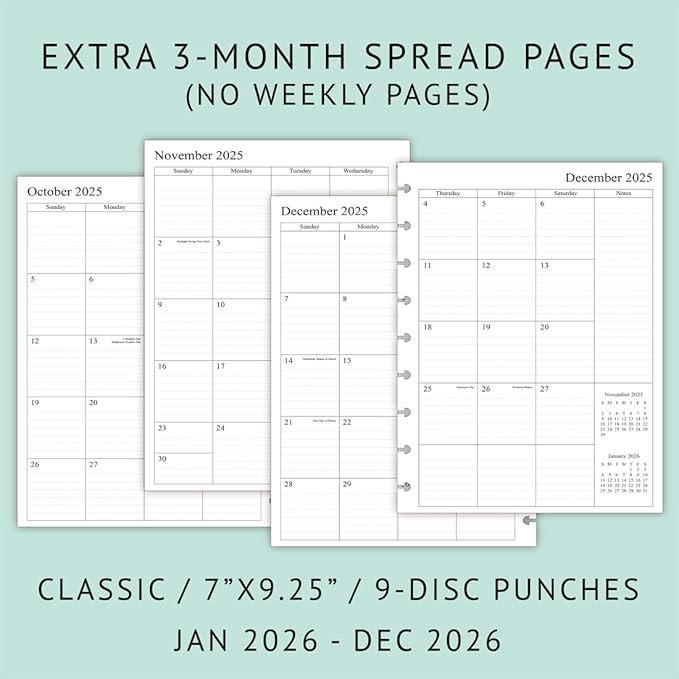 2026 Weekly Planner Refills for Happy Planner Classic Notebook - 9 Discs Punched, Two Pages Per Week, Jan 2026 to Dec 2026, 7" x 9-1/4"