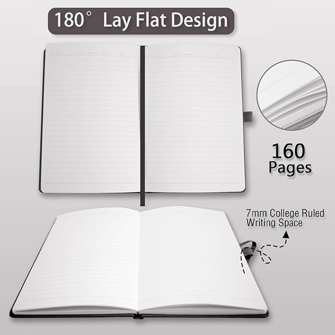 8 Pack Lined Journal Notebooks,A5 Hardcover Notebooks, 5.5 x 8.3 inch, 100GSM, 160 Pages, Classic College Ruled Notebooks for Writing/Work/Travel/College (Black)