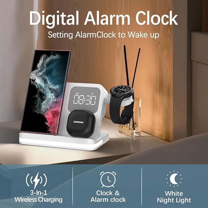 IHAO 3in1 Multi Functional Wireless Charging Station with Digital Alarm Clock 15W Fast Charge Night Light Wireless Charger for All Qi Phone and Earbud Headphone Compliant with i-Watch-B22 White