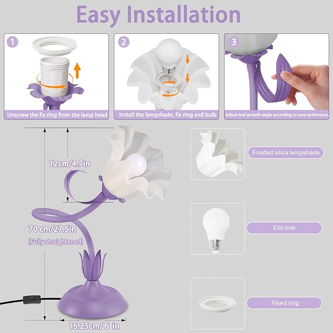 Women Bedside Table Lamps for Bedroom, Cute Flower Desk Lamp with Adjustable Flexible Gooseneck, 3 Color Temperatures Nightstand Lamp with E26 LED Bulbs, Floral Lamp for Living Room, Office,Reading