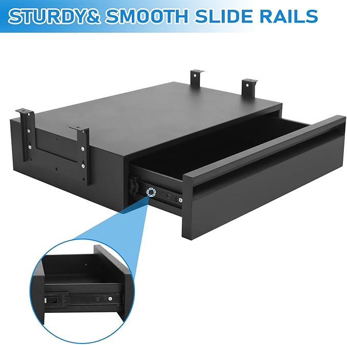 POPMOON 18 Inch Under Desk Drawer,Adjustable Height,Under Desk Drawer Slide Out for Office & Home, Metal Storage Drawer with Cable Management,Matte Black