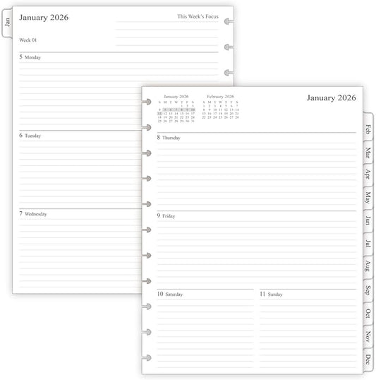 2026 Weekly Planner Refills for 11-Discbound Notebooks, Monthly Tabs, 11-Disc Punches, Letter Size, 8-1/2" x 11"