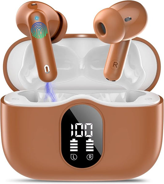 Wireless Earbuds, Bluetooth 5.4 Headphones Bass Stereo, Ear Buds with Noise Cancelling Mic, IP7 Waterproof in Ear Earphones, 36H LED Display Bluetooth Earbuds for Laptop Pad Phones Sports, Brown