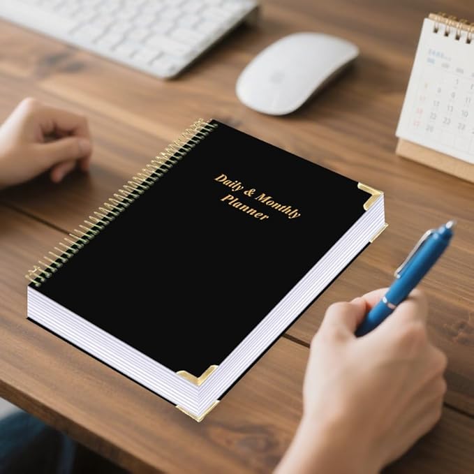 Undated Daily Monthly Planner for 2025 2026 - A4 To Do List with Hourly Schedule, Hardcover Spiral Bound Daily Planner to Increase Focus, Stylish School/Office Supplies, 8.5" x 11", Black