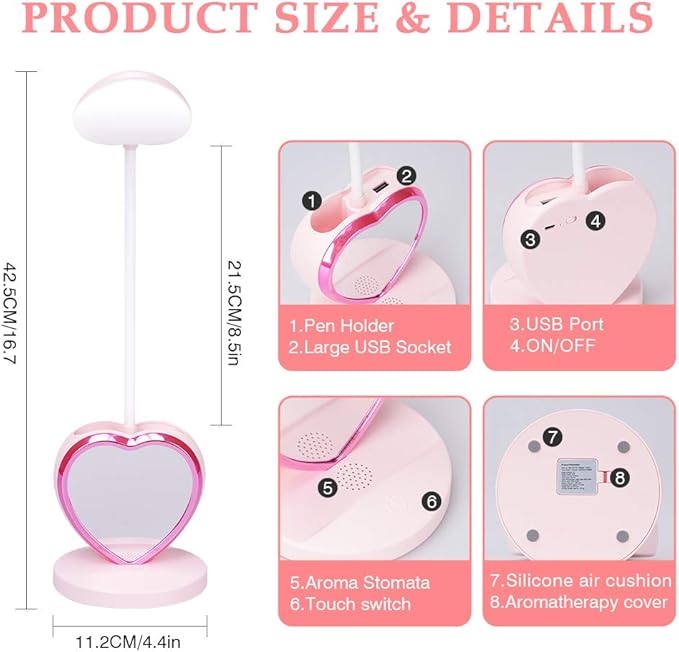 LED Desk Lamp, Cute Pink Desk Lamp with USB Charging Port/Pen Holder and Phone Stand, Touch Control Reading Lamp with 2 Color Modes,Eye-Caring Study Table Lamp for Kids Girls College Dorm Bedroom