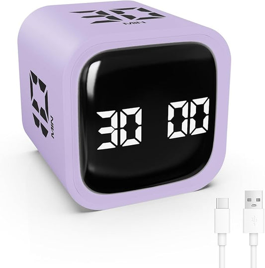 Digital Cube Productivity Timer, Rotating Pomodoro Timer with Gravireceptor 5-10-30-60 Min& Custom Countdown, Vibration & Adjustable Volume Timers for Learning Office Kitchen Desk, Purple