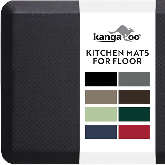 KANGAROO Thick Ergonomic Anti Fatigue Mats for Kitchen Floor, Cushioned Standing Office Desk Mat, Waterproof Scratch Resistant Topside, Supportive All Day Comfort Padded Foam Rugs, 17x24, Black
