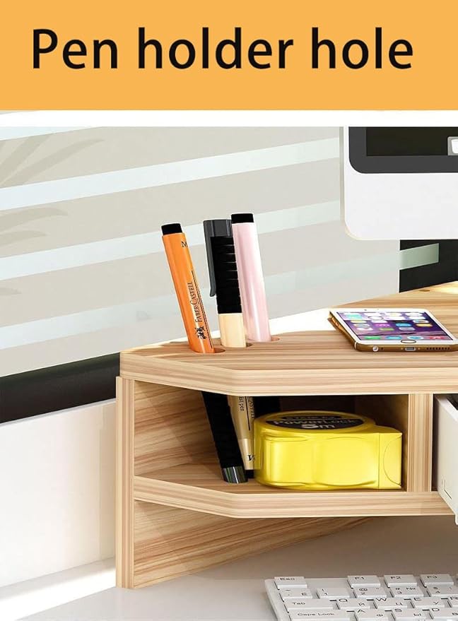 Triangle Monitor Riser,Cut Triangular Computer Monitor Desktop Corner Stand,Desktop Corner Shelf With Drawers Wooden Computer Stand With Storage Laptop Risers Office Organization.