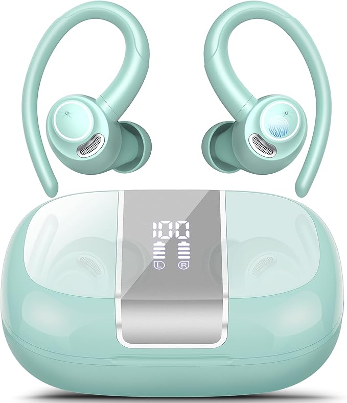 Wireless Earbuds Bluetooth 5.3 Headphones Sports, 48Hrs Playtime Bluetooth Earbuds with CVC 8.0 Mic, Stereo Bass Over Ear Bud with Earhooks, LED Display, IP7 Waterproof Earphon for Running Misty Blue