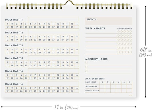 Undated Monthly Habit Tracker Calendar – Minimalist Table Wall Planner for Goals & Productivity, Daily/Weekly/Monthly Tracking, Wire-O Hanger, Thick 200 gsm Paper, Neutral Design