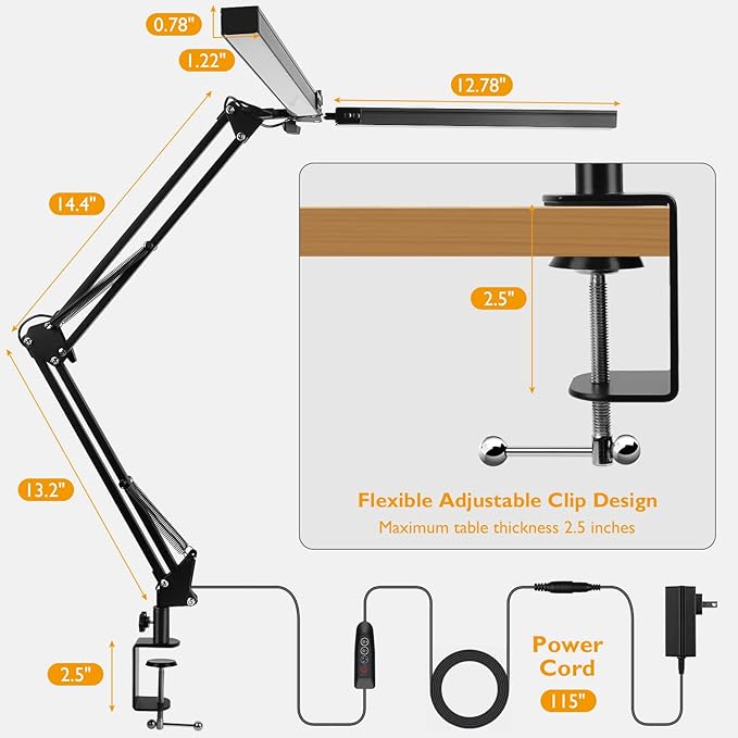 LED Desk Lamp with Clamp, Super Bright Double Head Task Light, 5 Color Modes, 10%~100% Dimmable Brightness, Modern Swing Arm Workbench Light