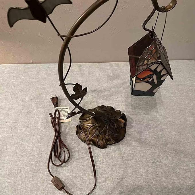 Bieye L10938 Spooky Graveyard Tiffany Style Stained Glass Birdhouse Table Lamp for Halloween Decor (21-inch High, Bat Nest)