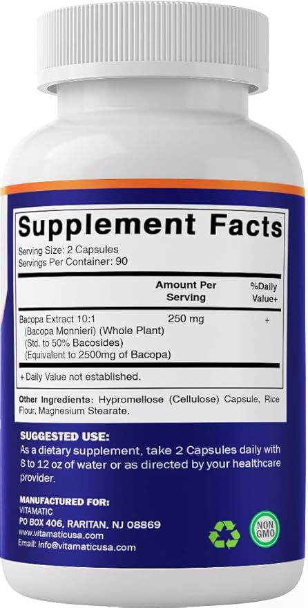 Vitamatic Bacopa Monnieri 2500 mg Equivalent Per Serving (from 10:1 Extract 250 mg) Nootropic Herbal Supplement - 50% Bacosides, Non-GMO & Gluten Free - 180 Vegetable Capsules