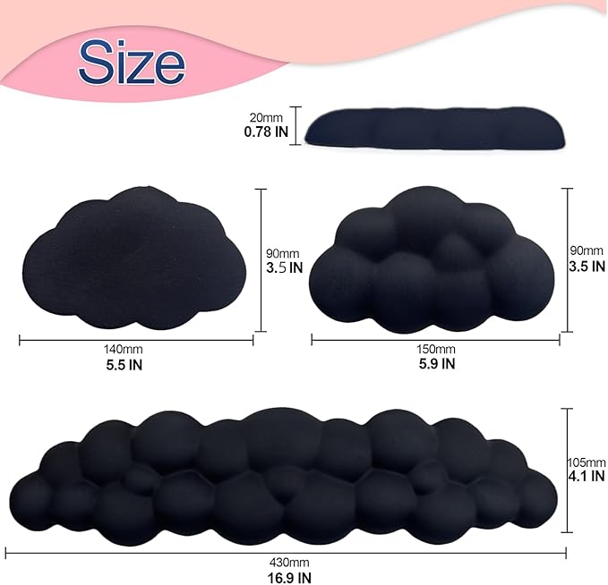 Cloud Wrist Rest Set for Keyboard and Mouse, Includes Cute Coaster, with Computers and Laptops (Black Set)