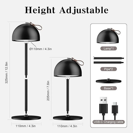 Outdoor Table Lamp,8-75 Hours Battery Powered Lights,Black Rechargeable Desk Lamp,Waterproof,Magnetic,Stepless Dimming,Adjustable Height,for Camping,Living Room,Dinner,Shower,Night Light