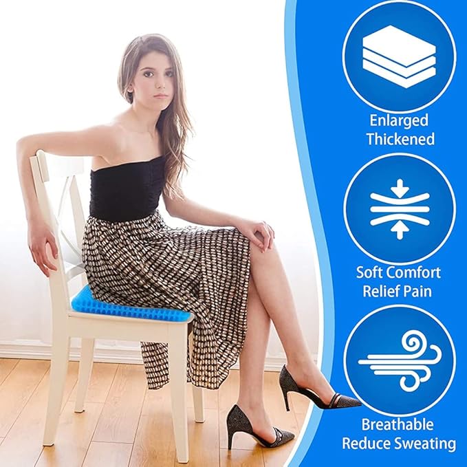 Gel Seat Cushion, Extra Thick Office Seat Cushion with Non-Slip Cover, Breathable Chair Pads Honeycomb Design Absorbs Pressure Points for Car Office Chair Wheelchair (Extra Thick, Blue)