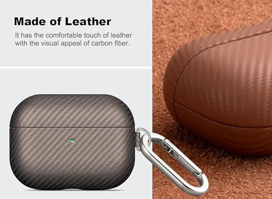 Leather Case - for AirPods Pro 2 Case Cover with Keychain - Selected Skin-Friendly Leather, Carbon Fibre Texture, Handmade Hard Cover for AirPods Pro 2nd Generation Earbuds - Desert Titanium