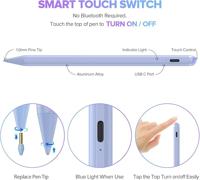 Stylus Pen for iPad 6th-11th Generation-2X Fast Charge Active Pencil Compatible with 2018-2025 Apple iPad Pro 11"/12.9"/M4, iPad Air 3/4/5/M2/M3,iPad mini 5/6 Gen-Purple