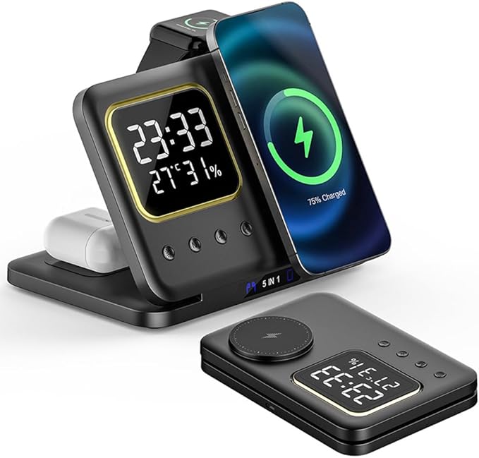 IHAO 5in1 Multi Functional Wireless Charging Station with Digital Clock 15W Fast Charge Night Light Temperature Display Wireless Charger for All Qi Phone and TWS Headphone Compliant with Apple Watch