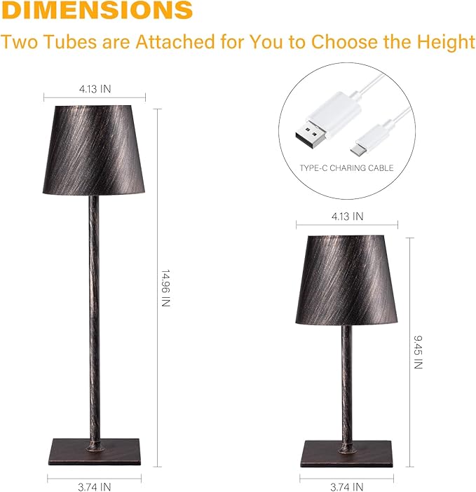 2 Pack Cordless Table Lamps, 3 Colors Stepless Dimming, 5000mAh Rechargeable Battery LED Desk Lamp for Bedroom/Couple Dinner/Desk/Cafe/Dining Room/Terrace(Antique Copper)