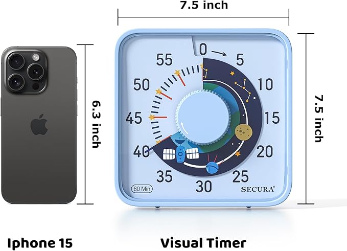 Secura 7.5-Inch Satellite Pattern Visual Timer for Kids, 60-Minute Countdown Timer for Classroom or Kitchen, Durable Mechanical Timer Clock with Magnetic Backing (Light Blue)