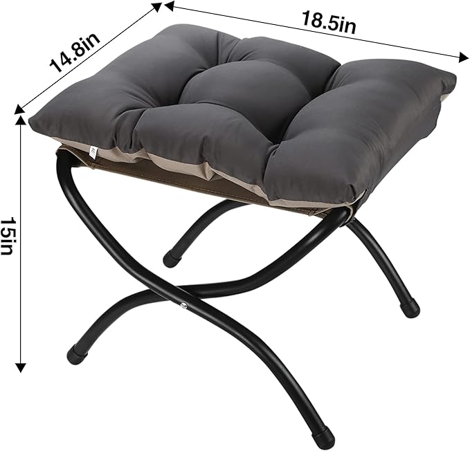 15" Foldable Foot Stool Ottoman with Metal Frame - Washable Dark Grey Upholstered Indoor/Outdoor Footrest for Living Room, Bedroom, Patio - Space-Saving Compact Design
