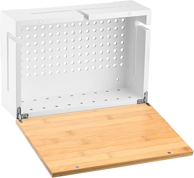Bamboo Cable Management Box with Magnetic Lid & Ties - Elegant, Durable Cable Organizer to Hide Cords & Power Strip - Wall Mountable Box Hider for Home, Office, Desk & More (White)