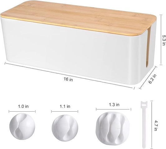 Cable Management Box - Wooden Style Large Cord Organizer Box to Hide Wires & Power Strips | Desk Computer Cable Organizer Box | Safe ABS Material |16" (L) x 6.2" (W) 5.3" (H)|for Home & Office - White