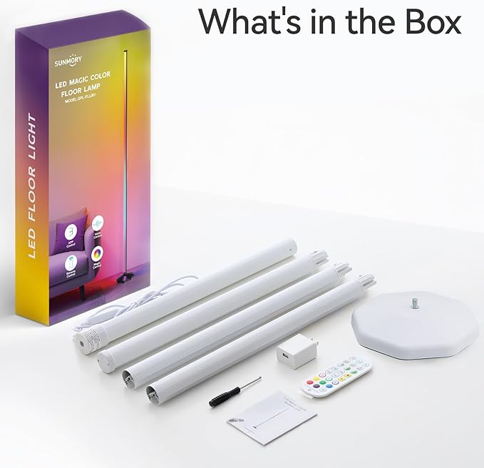 SUNMORY RGB LED Floor Lamp, 57" Corner Lamp with 80+ Scene & Timer, Smart Modern Ambient Lighting with Music Sync & 16 Million Colors, Remote & App Floor Lamps for Living Room, Bedroom, Gaming Room