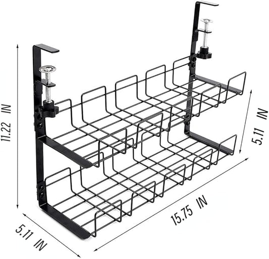 Metal Under Desk Cable Management Tray No Drill, 2-storey, Retractable Power Strip Holder with Clamps Tray with Desk Wire Management and Cord Organizer for Home Office (Black, 2L)