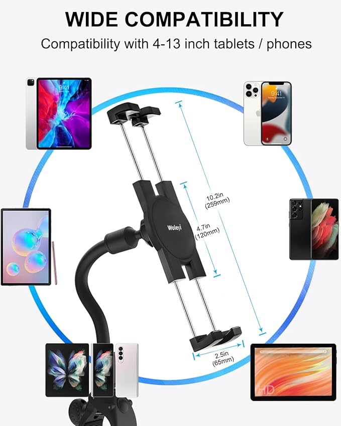 Gooseneck iPad Holder for Stroller, Adjustable Phone Tablet Holder Mount Pole Clamp for Baby Stroller, Shopping Cart, Indoor Cycling, Fit for iPad Pro/Mini/Air, iPhones, Galaxy Tab, 4.7-13" Devices