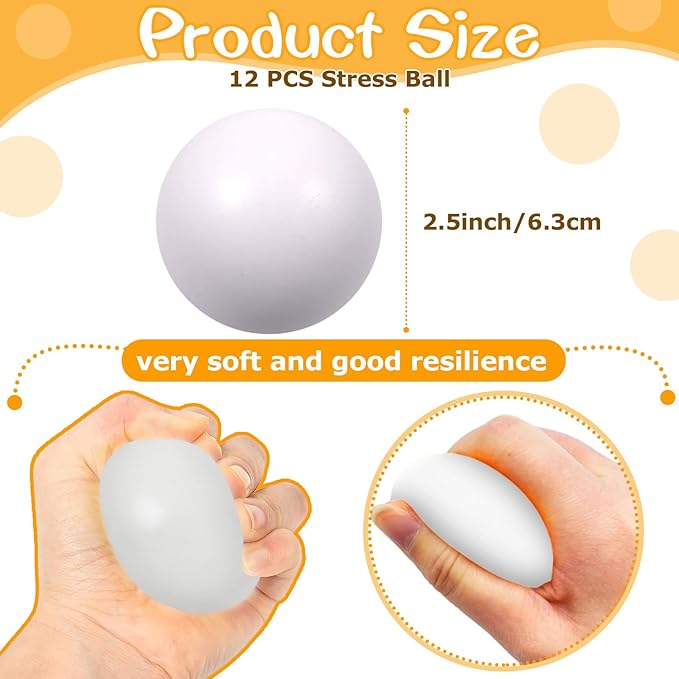 12 Pcs White Foam Stress Ball Squeeze Stress Relief Balls for Kids and Adults Hand Exercise Sensory Relief Toys for Anxiety ADHD Autism (White)