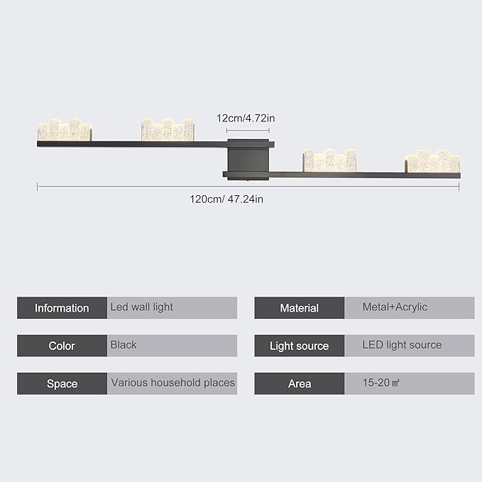 Qcyuui Modern Wall Sconces 47.2inch Dimmable LED Wall Lights 3000K Acrylic Wall Lighting Indoor Long Linear Wall Lamps for Living Room Bedroom Hallway, Black,36W