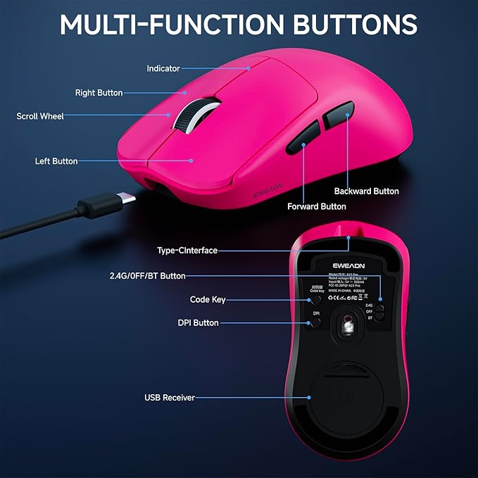 X23Pro Wireless Gaming Mouse, 59g Ultra-Lightweight, 800mAh Rechargeable Mouse, PAW3311 Sensor, 12000 DPI, Tri-Mode Wireless Mouses with 6 Programmable Buttons, Grip Tape, for PC/Mac, Pink