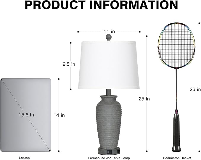 25" Grey Farmhouse Jar Table Lamps, 3 Way Touch Control Rustic Bedside Lamps with USB A+C Ports & AC Outlet, Pot Nightstand Lamps for Bedroom End Table (LED Bulbs Included)