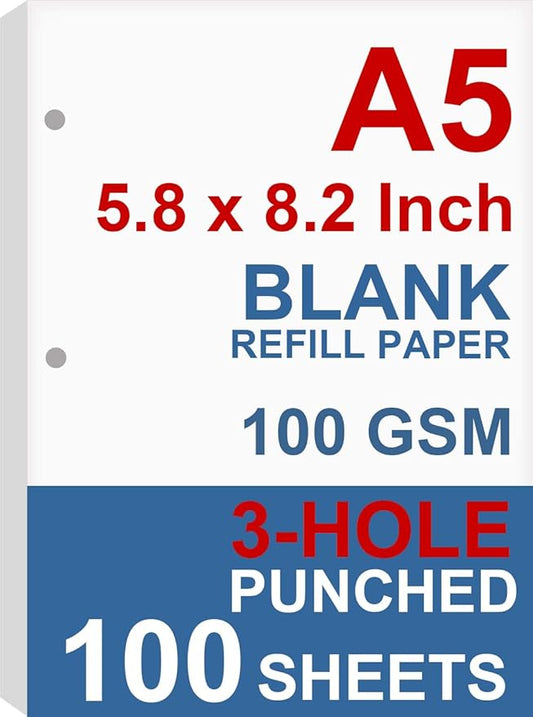 A5 Filler Paper, 3 Hole Planner Refills, Organizer, Binders, Total 100 Sheets/200 Pages, 100gsm, Blank, White Paper, 5.8 x 8.2 Inch, 3 Hole Filler Paper, Mini Binder Refills, Fit 3 Hole Binder Only