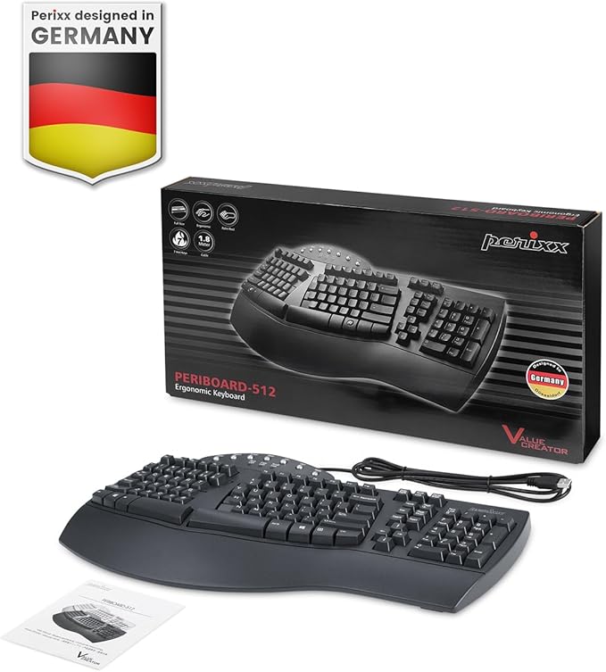Perixx PERIBOARD-512B Wired Ergonomic Keyboard - Split Keyboard, Wrist Rest, Natural Typing - Wired USB Connectivity - US English - Black