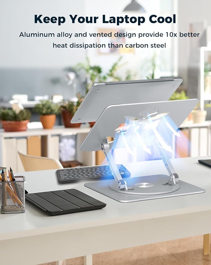 Adjustable Laptop Stand for Desk - Portable Laptop Riser with Rotating Base, Foldable Aluminum Computer Stand, Ergonomic Laptop Holder for MacBook Pro/Air Dell HP Lenovo Notebook up to 16" (Silver)