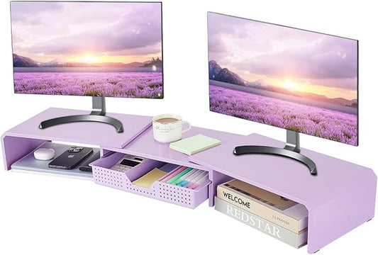 Dual Monitor Stand Riser with Drawer, Desk Organizer and Accessories, Metal Laptop Stand for Desk, Workspace Desktop Stand for Computer, Laptop, TV and More (Purple)