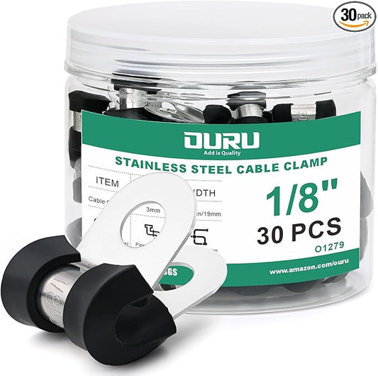 30pcs 1/8 Inch Stainless Steel Cable Clamps,Rubber Coated Cushioned Insulated Cable Clamp,Automotive Cable Wire Clamps,Pipe Clamps,Metal Clamp for Tube,Lines,Wire Cord Installation(Black,3mm)
