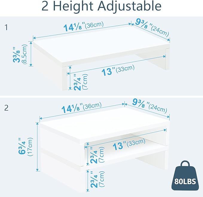 TEAMIX White Monitor Stand Riser - 2 Pack, Wood 2 Tier Adjustable Dual Monitor Riser for Laptop/PC Computer Stand for Desk