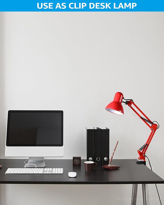 TORCHSTAR Metal Desk Lamp with Clamp, Swing Arm, Architect Adjustable Gooseneck Table Lamp, Clip Desk Lights for Home Office, Work, Study, Reading, E26 Base, Multi-Joint, Red