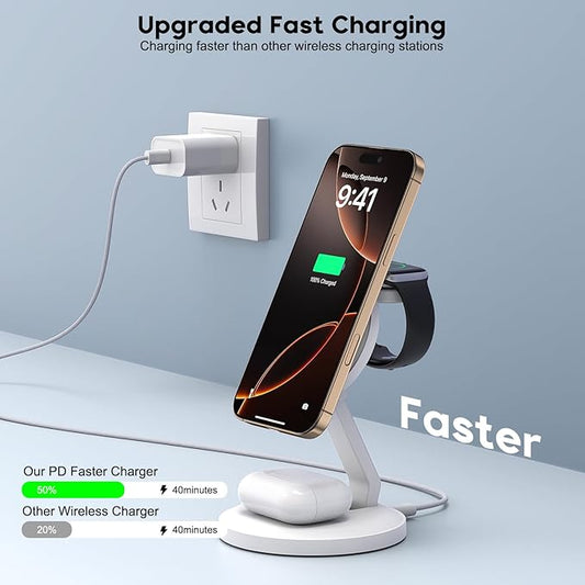 Charging Station for Apple Magnetic Wireless iPhone Mag-Safe Charger,15W 3in1 Foldable Wireless Dock Fast MagSafe Charger Stand for iPhone 17 Pro Max/16 Plus/16 ProMax/15/14/13,Apple Watch,AirPods Pro