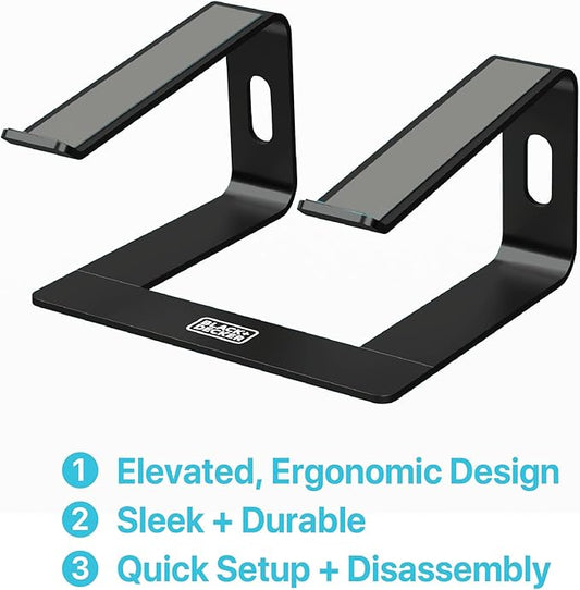 BLACK+DECKER Laptop Stand for Computer Desk, Ergonomic Laptop Stand for Desk, Lap top Riser Compatible with MacBook Notebook, Lap top Holder, Durable Aluminum Computer Riser Accessories, Black