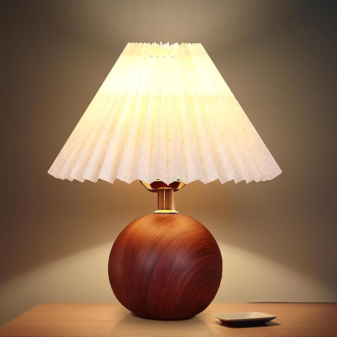 Ceramic Table Lamp for Bedroom, Small Space Pleated Cute Bedside Table Lamp with Switch, Night Light, Decor Desk Lamps for Living Room, Kids Room, Dorm, Office, Nursery with E26 LED Bulb