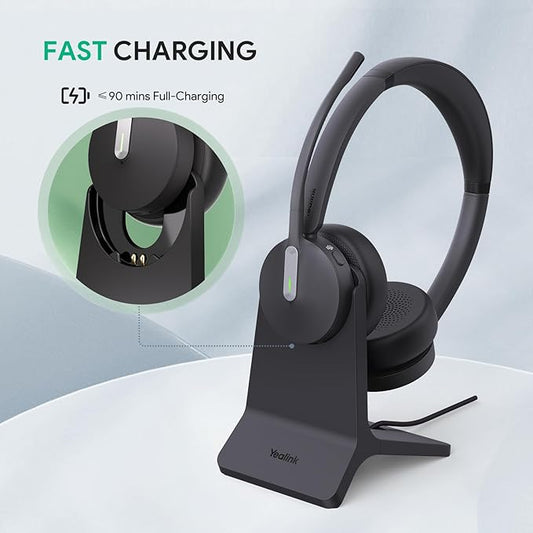 Yealink BH70 with Stand, Wireless Bluetooth Headset with Microphone for Work, Up to 35 Hours Talk Time, Teams Certified, ≤90 Minutes Quick Charging, USB-C/A Adapter, No Power Adapter Required