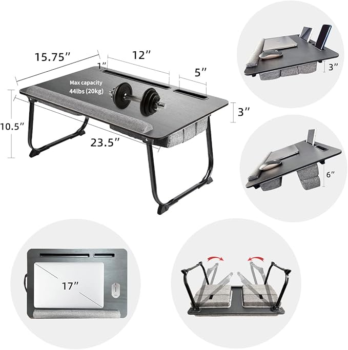 Laptop Desk,Lap Desk with Cushion, Suitable for 17 inch laptops, Comes with Mouse pad, Phone, iPad Card Slot, can be Folded, Suitable for use on beds, Sofas, and Cars